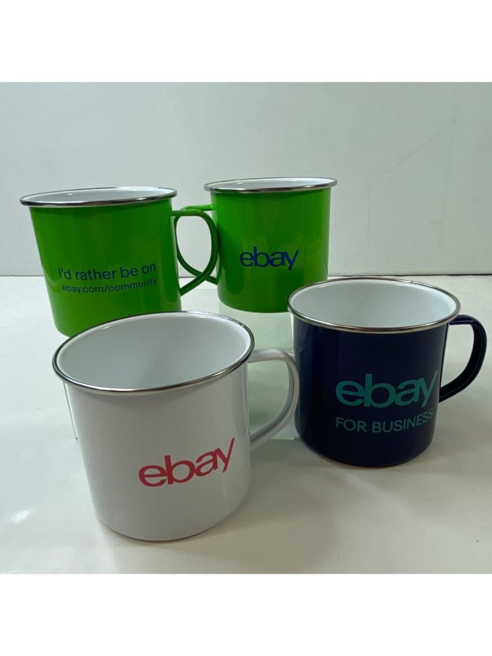 Set 4 eBay Branded Enamel Mugs Green White Navy Blue Business Community